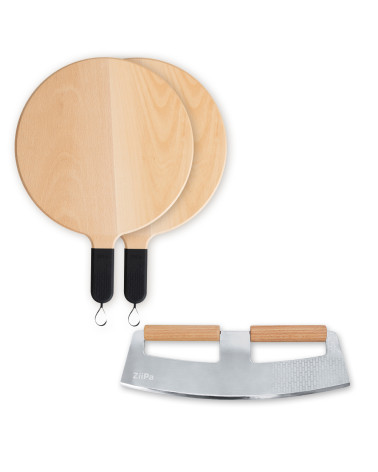 Pack Servizio • 2 Pizzabretter aus Holz, Pizzaschneider-Wippe • Charbon