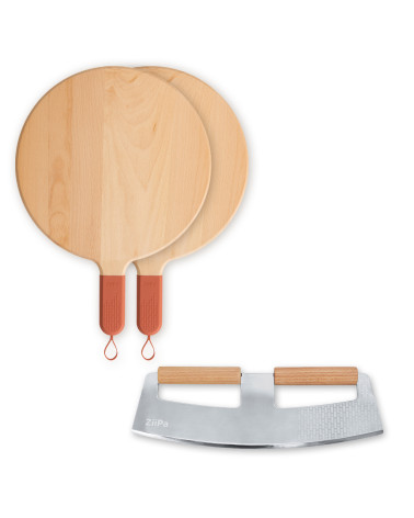 Pack Servizio • 2 Pizzabretter aus Holz, Pizzaschneider-Wippe • Terracotta