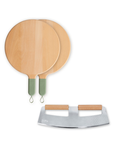 Pack Servizio • 2 Pizzabretter aus Holz, Pizzaschneider-Wippe • Eucalyptus