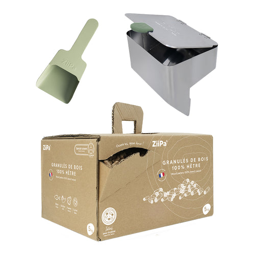 Pack Legno • Distributeur de pellets, pelle à pellets, carton de pellets • Eucalyptus